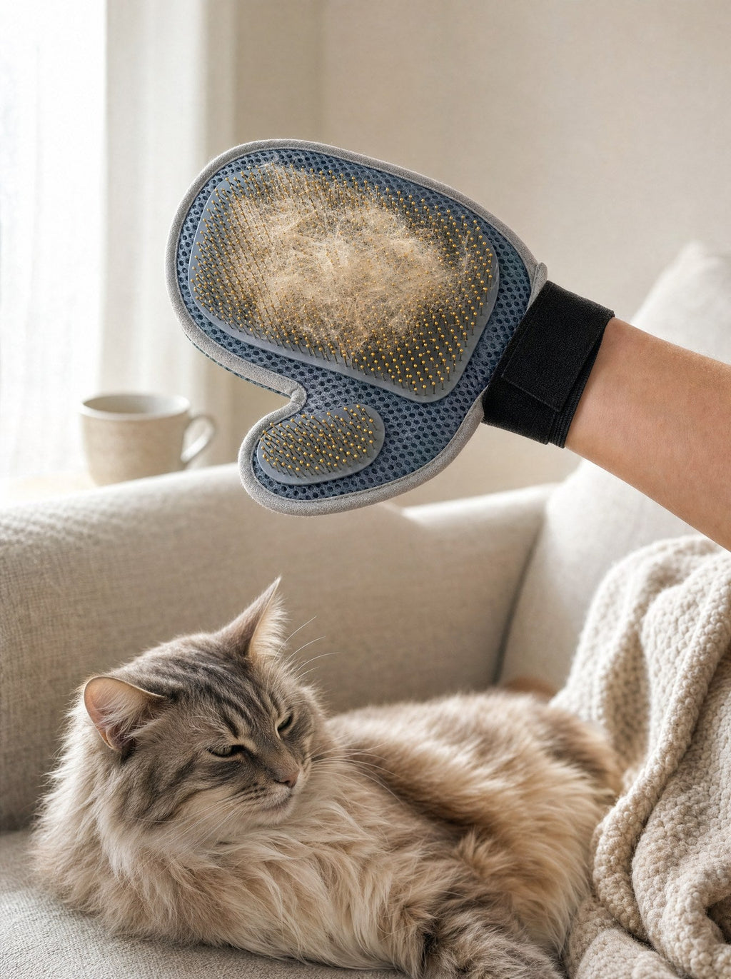 The grooming mitt lifted clear of a long-haired cat, a clump of loose hair held among its densely packed ball-tipped pins