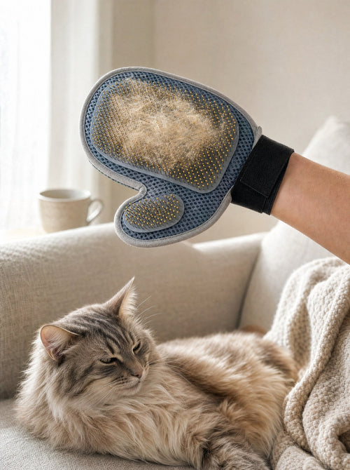 The grooming mitt lifted clear of a long-haired cat, a clump of loose hair held among its densely packed ball-tipped pins