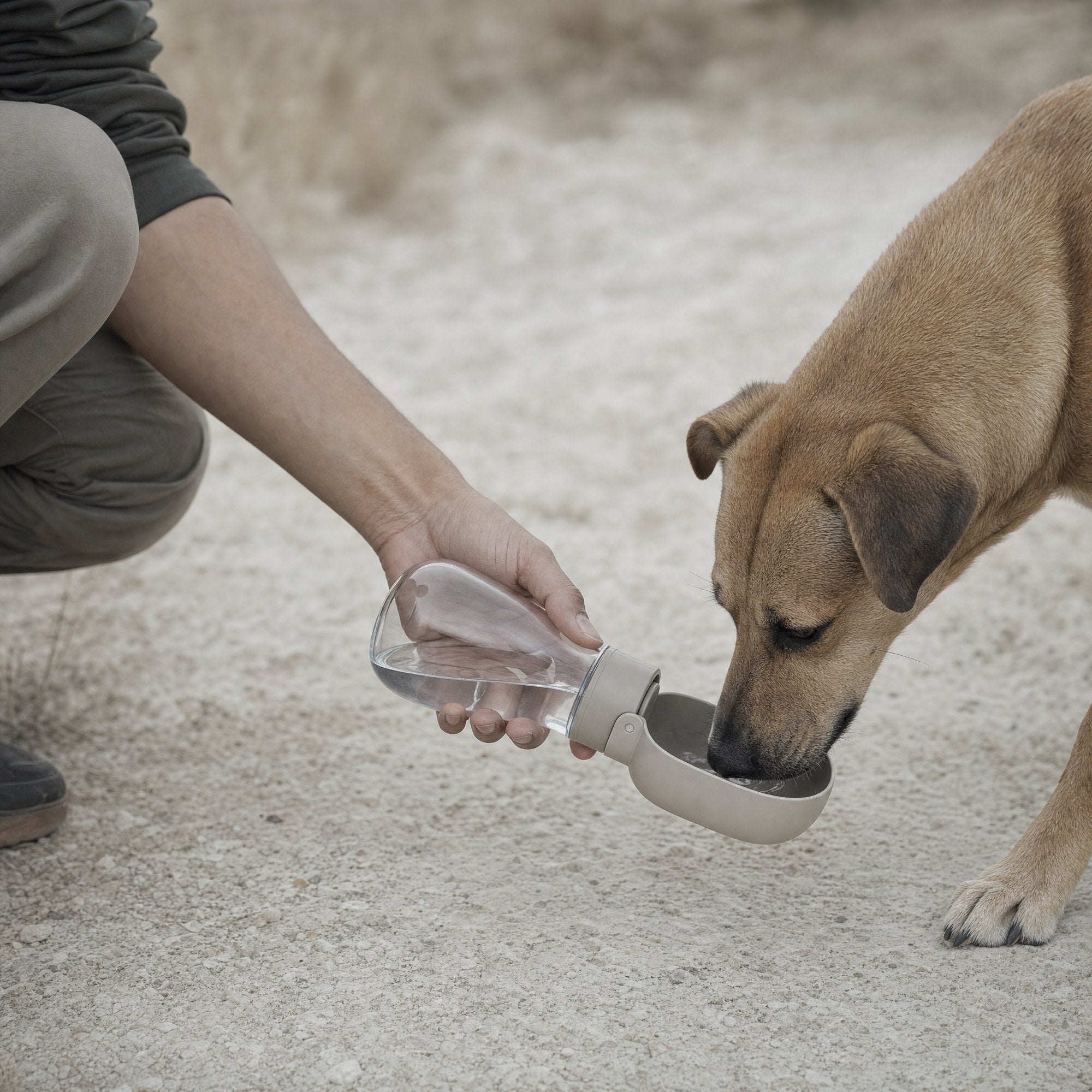 A dog drinking from the portable water bottle's flip-out bowl