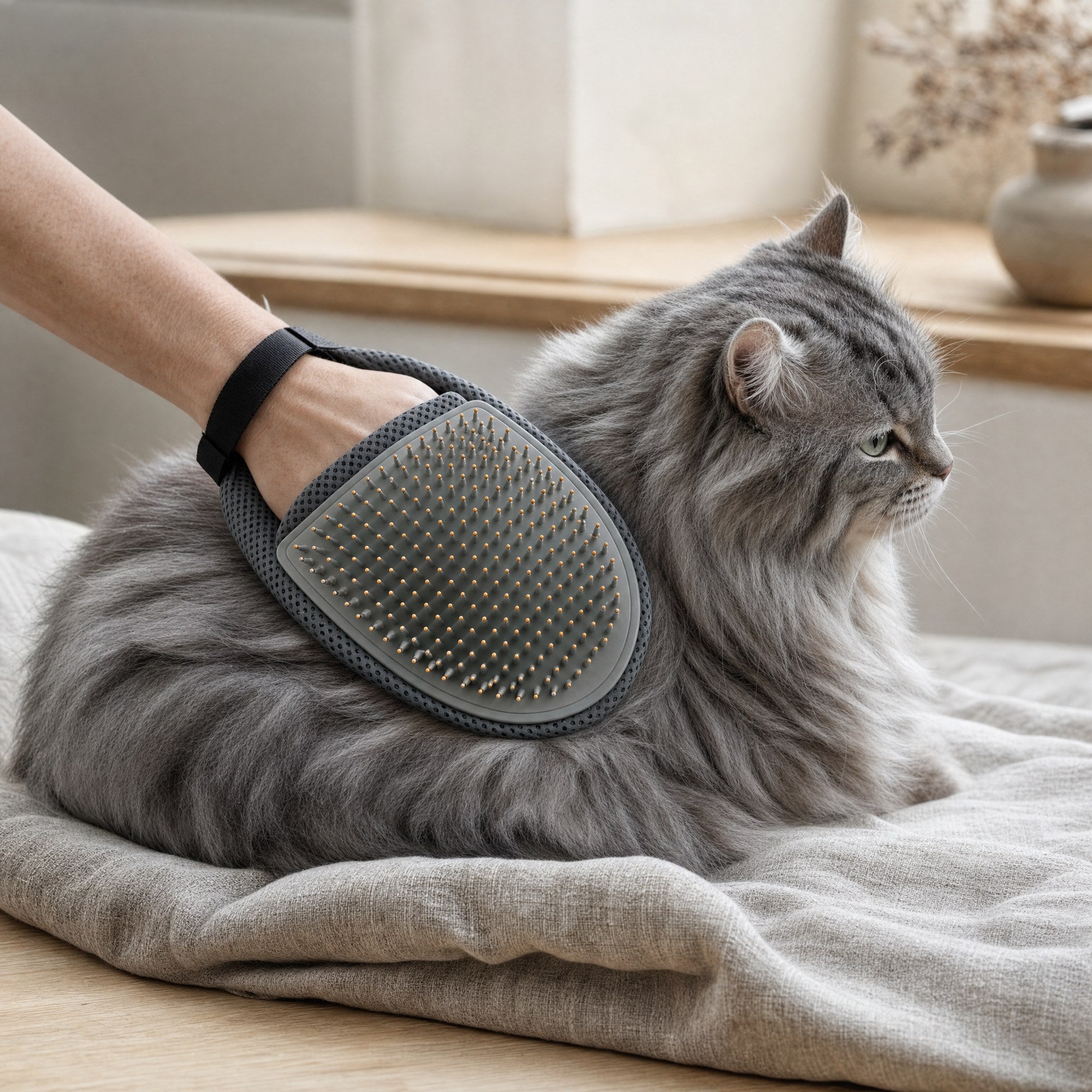 A hand wearing the grooming mitt stroking a long-haired grey cat