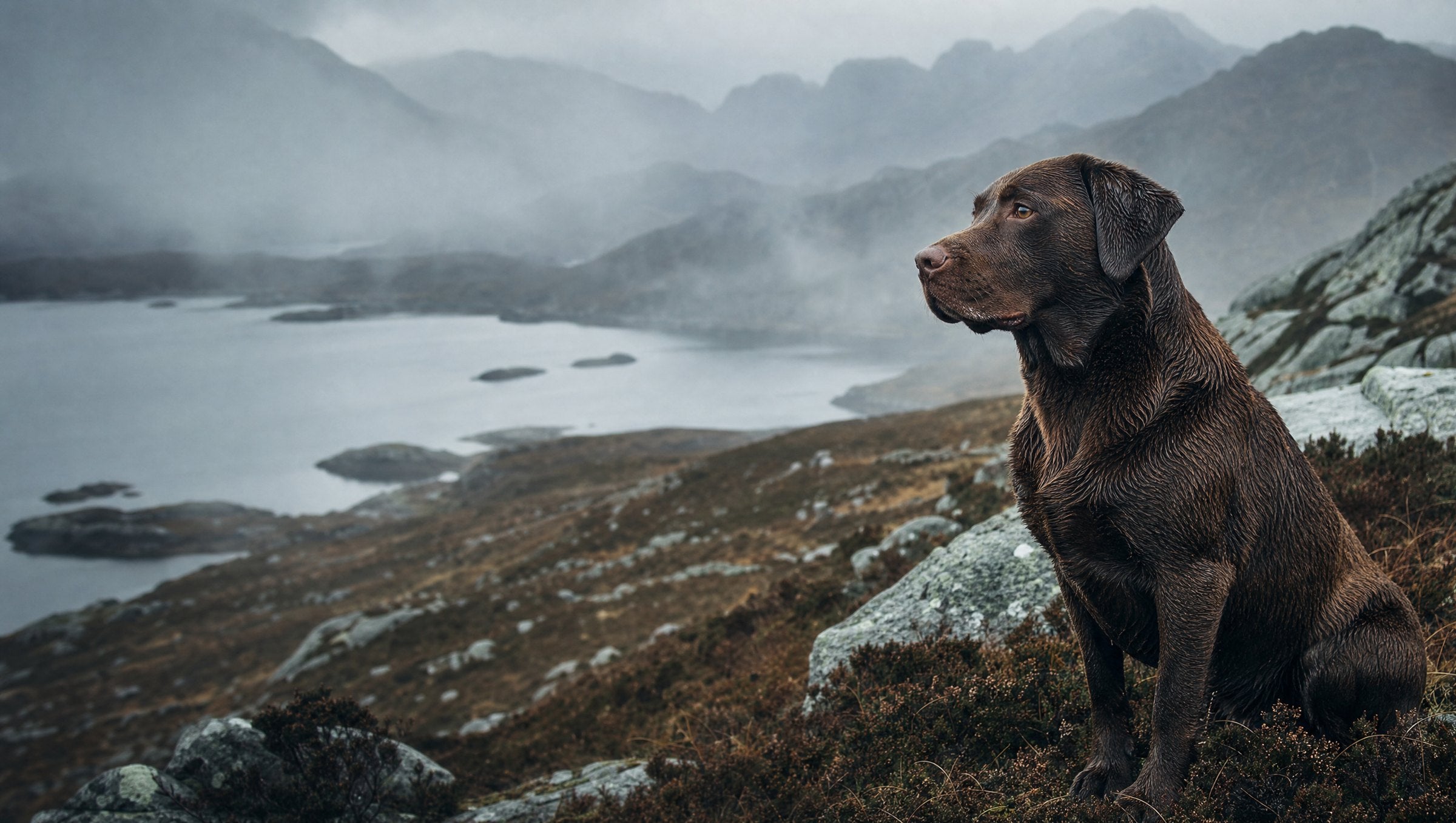 A brown Labrador sitting on a misty Scottish hillside above a loch