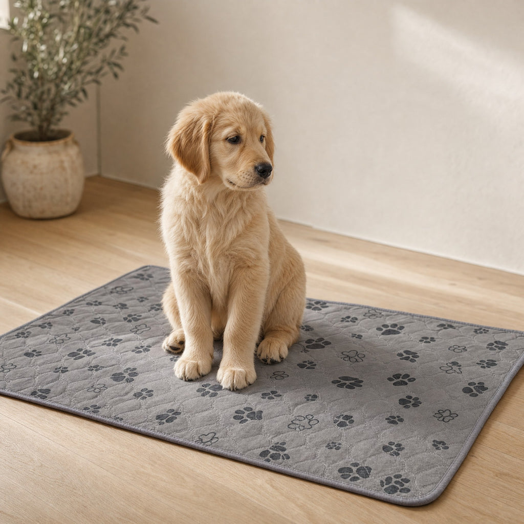 A golden retriever puppy sitting on the grey paw print training pad