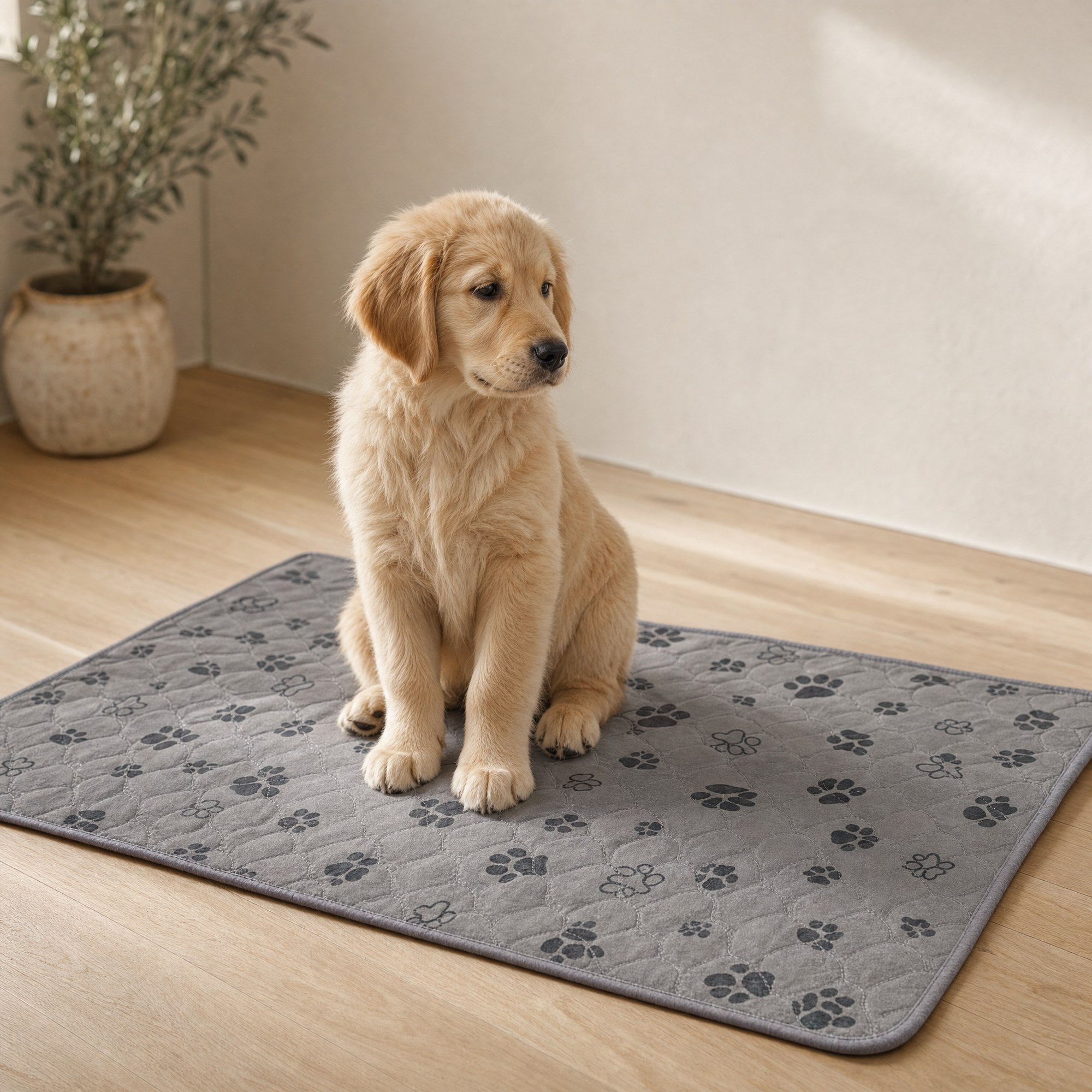 A golden retriever puppy sitting on the grey paw print training pad