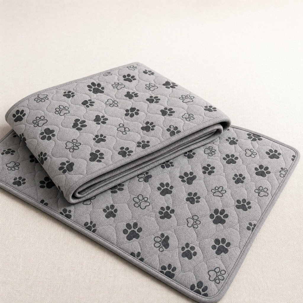 Two grey quilted washable dog training pads with a paw print pattern