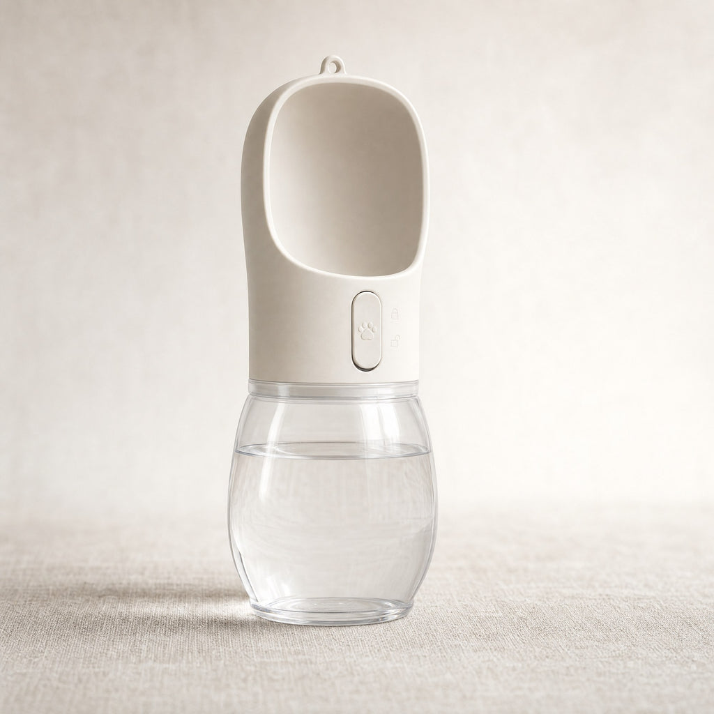 A portable dog water bottle with a clear reservoir and flip-out drinking bowl