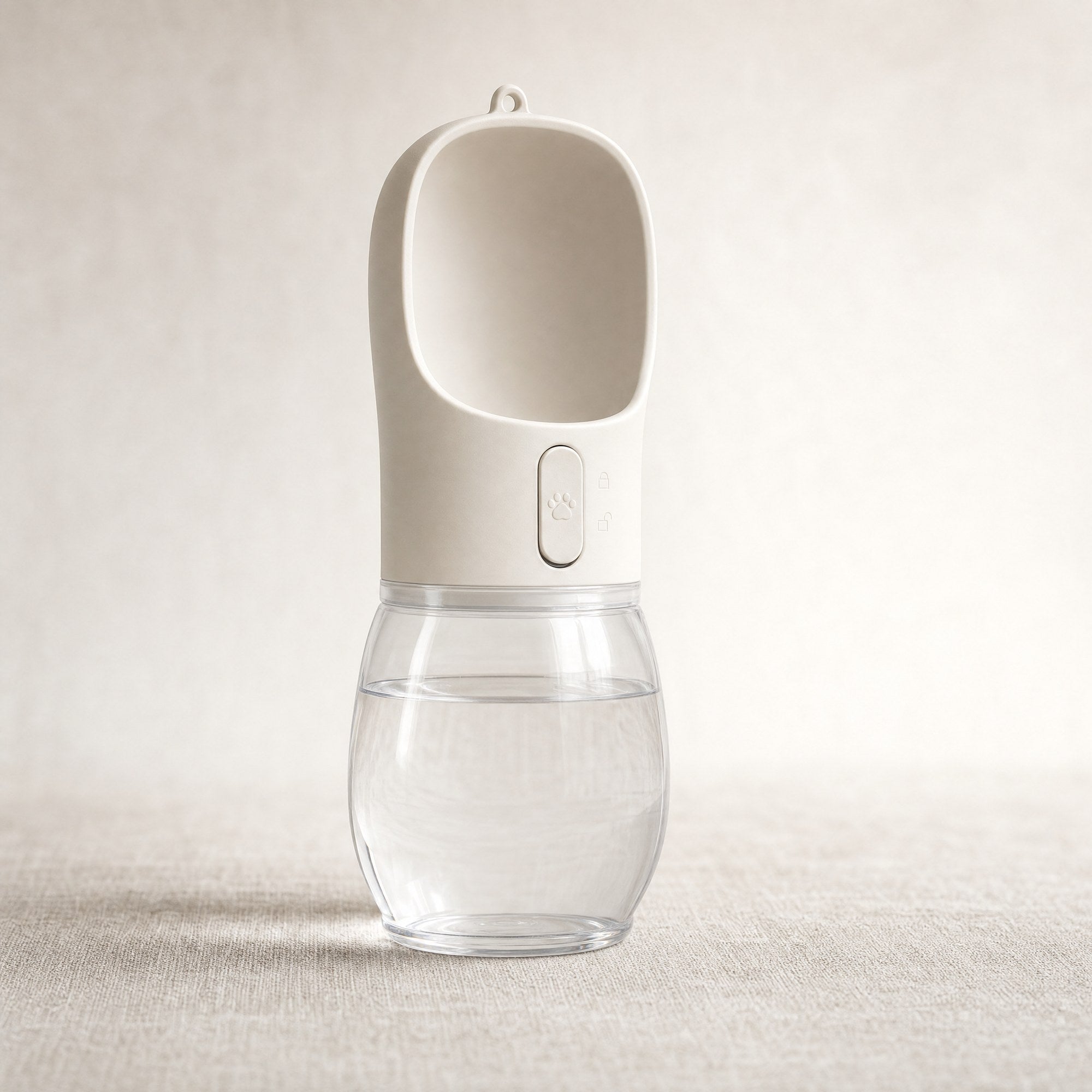 A portable dog water bottle with a clear reservoir and flip-out drinking bowl